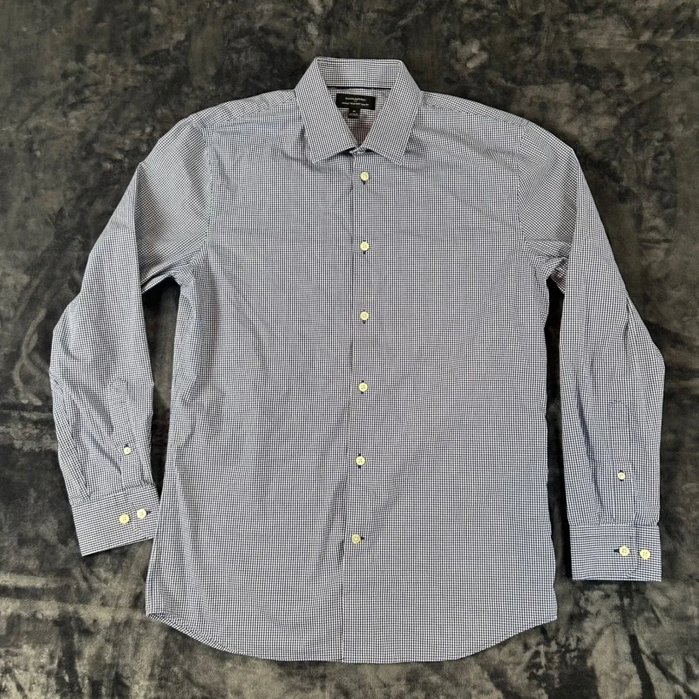 Banana Republic Button Down Mens M Blue Gingham Wrinkle Resistant‎ Slim Fit